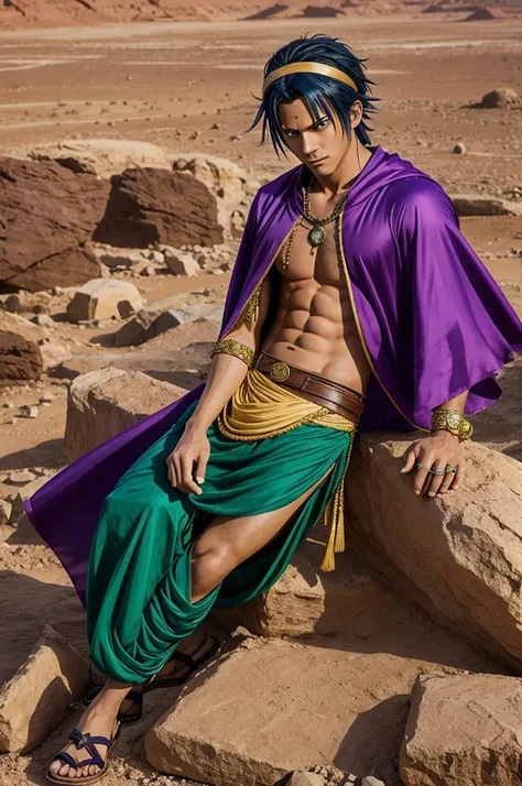 Generate a costume for Alabasta, that is, a desert based on the anime One Piece that is purple and green in an Indian style that looks like royalty and that the person wearing it has dark blue hair.