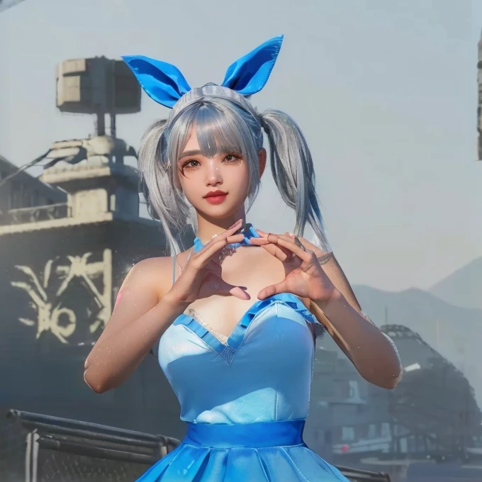 Cute girl, character in pubg mobile and with a silver hair and ,Hair in two pigtails and bangs beauty girl, hand pose forming love
