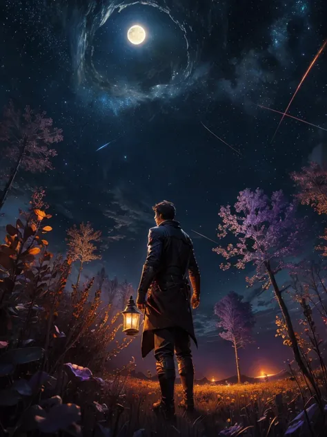 expansive landscape photograph , (a view from below that shows sky above and open field below), a man standing on flower field looking up, (full moon:1.2), ( shooting stars:0.9), (nebula:1.3), distant mountain, tree BREAK
production art, (warm light source...