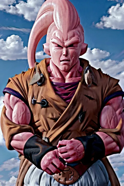 majin buu, (((gotenks coat))),(((no nose)))braceletes do super buu,pelle rosa,pink skinned adult, wearing no shirt, demon, white...