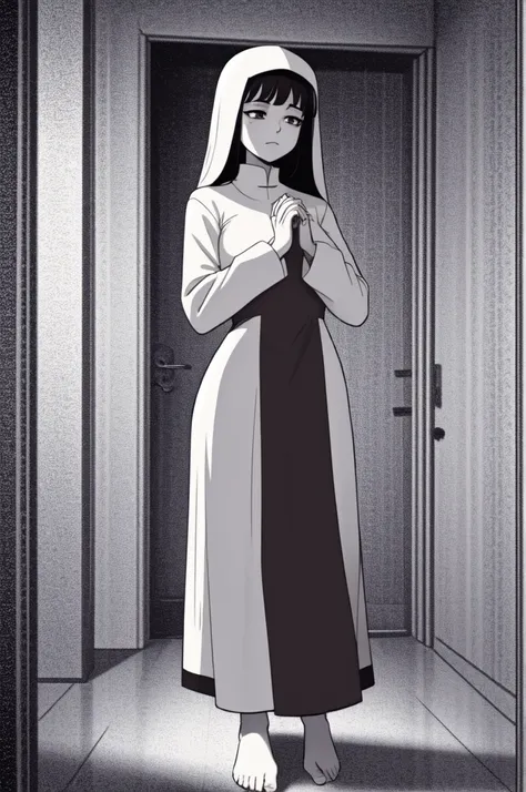 An anime-style lineart image of a standing nun praying with her hands together and bare feet.