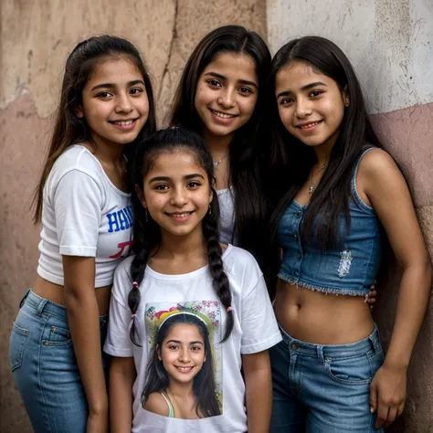 photoreal portrait of 3 happy Colombian girls 15 years old in Comuna 13, medellin, colombia, fully clothed, 
