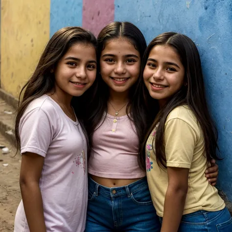 photoreal portrait of 3 happy Colombian girls 15 years old in Comuna 13, medellin, colombia, fully clothed, 
