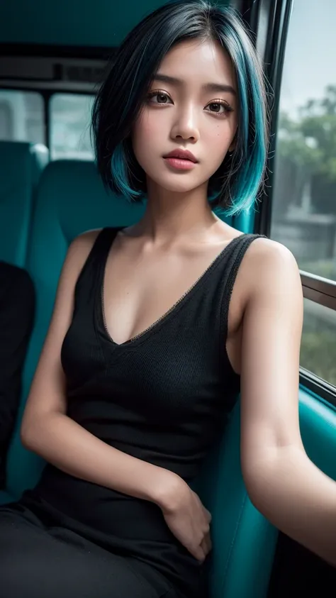 ((High quality, 8k, perfect quality, realistic)), beautiful, ((black and cyan hair color, short hair)), bedroom , selfie, staring out of the bus window, ((Indonesia)), adult, Indonesian region, ((realistic, facial texture)) 