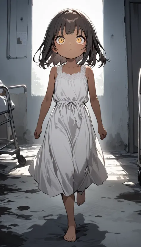 ((use white, black and red)) ((high quality)) ​masterpiece,top-quality,horror,midnight, 1 girl, 10 years old, dark redhair, long silky hair, yellow eyes, tan skin, freckles,barefoot, plain white lace Gown, in a abandoned hospital, horror, kid, body, horror...