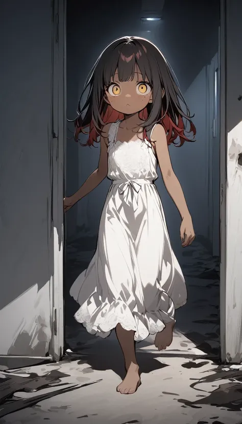 ((use white, black and red)) ((high quality)) ​masterpiece,top-quality,horror,midnight, 1 girl, 10 years old, dark redhair, long silky hair, yellow eyes, tan skin, freckles,barefoot, plain white lace Gown, in a abandoned hospital, horror, kid, body, horror...