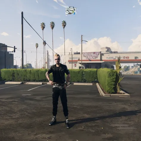 there is a man standing in a parking lot with a baseball bat, mechanical punk clothing, style of gta v, like a GTAV character, GTA 6 style, GTA5 style, gta character, estilo gta V, gta v street style, gta style, gta character v, gta art style, Jesse Pinkma...