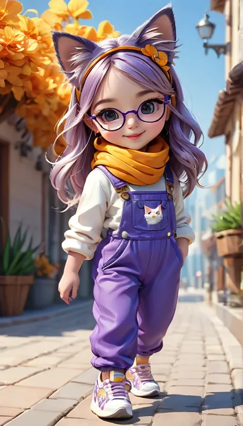 ((melhor qualidade)), ((Obra de arte)), (detalhado), A stunning high-quality 8K cartoon illustration featuring a charming  and her adorable kitten. The kitty, with charming white and orange fur, sports an extravagant flower headband and wears an adorable p...