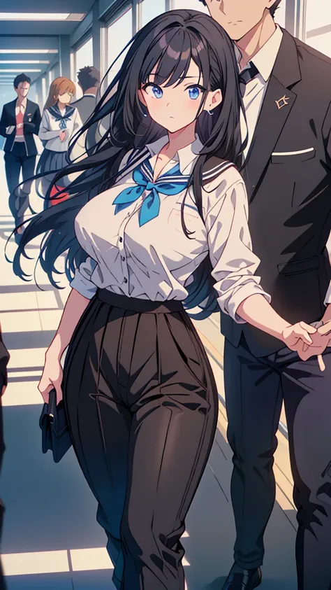 best quality, extremely detailed, anime style adult 1girl, long hair down to the waist, straight hair, ((dark black hair with bluish)),under bun,beautiful detailed eyes, pinched eyes, dark blue eyes, huge breasts,curvy,((((boys school uniform)))),((((trous...