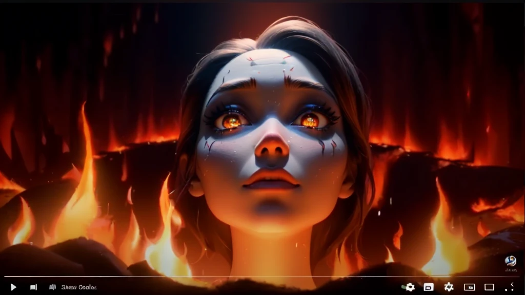 a close up of a person with a face painted on a fire, still from animated horror movie, animated film, animated film still, flames surround her, animation film still, animated still, animation film, dreamworks animated bjork, 3 d animated movie, her body m...