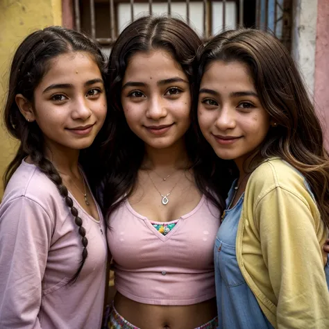 photoreal portrait of 3 happy Colombian girls 15 years old in colorful Comuna 13, medellin, colombia, fully clothed, 
