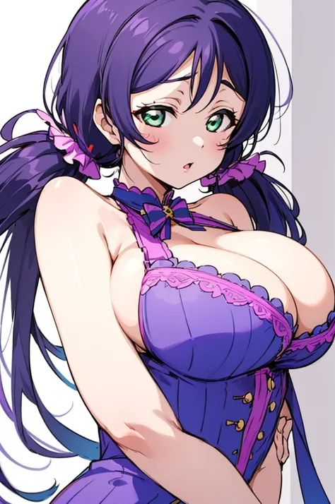 (love live! school idol project:1.15763), (love live!:1.15763), (toujou nozomi:1.15763), purple hair, green eyes, (large breasts:1.4), (long hair), (low twintails:1.3), 