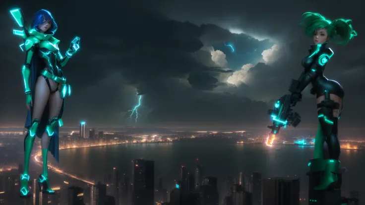 anime characters standing on a ledge overlooking a city at night, epic cinematic shot, epic vfx shot, vfx powers at night in the city, dramatic cinematic shot, dramatic sci-fi movie still, vfx shot, an epic scifi movie still, cinematic shot, cinematic imag...