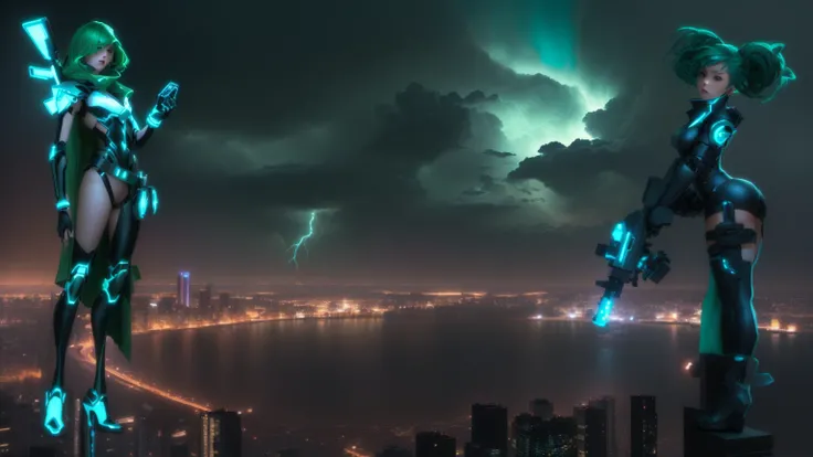 anime characters standing on a ledge overlooking a city at night, epic cinematic shot, epic vfx shot, vfx powers at night in the city, dramatic cinematic shot, dramatic sci-fi movie still, vfx shot, an epic scifi movie still, cinematic shot, cinematic imag...