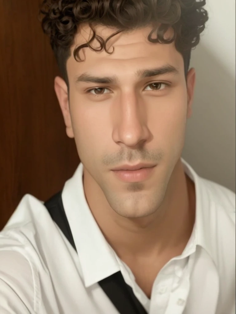 Face of a handsome boy with curly hair and a white shirt.