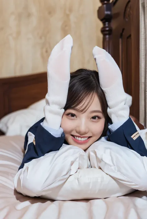 nsfw, Photorealistic, (A big smile:1.2), open mouth, On the bed, (Lying down:1.2),  Knee-high socks, (High School Uniforms:1.2), Knees Together, legs up