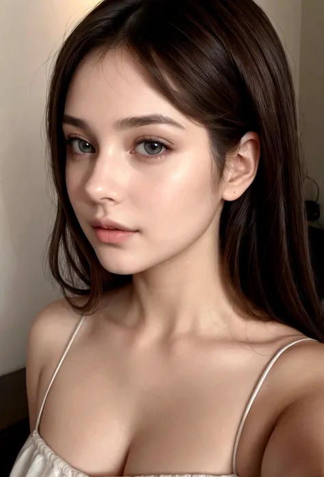 beautiful brunette woman taking realistic selfie