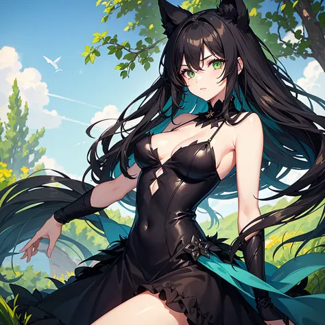 1 girl  , black fur,  green eyes, with a pretty dress 