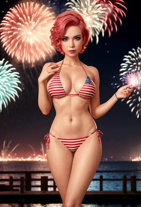 arafed woman with short pink hair, blue eyes, hourglass body  in an american flag stamped bikini posing in front of a fireworks display, a colorized photo by Bernardino Mei, reddit, digital art, 4th of july, fourth of july, fireworks in the background, bet...