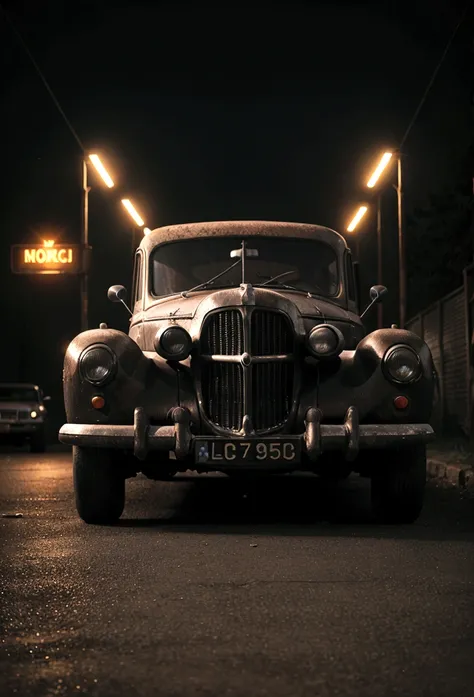 old car, 3d, ultrarealistic, darkness background