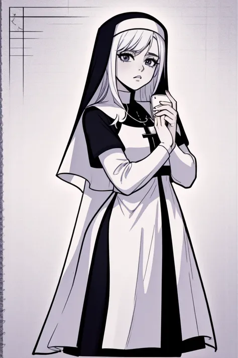 a drawing of a nun with a rosary in her hands, clean anime outlines, nun outfit, perfect lineart, clean lineart, lineart behance hd, nun, simple lineart, nun fashion model, shoujo manga character design, beautiful line art, billie eilish as a nun, extremel...