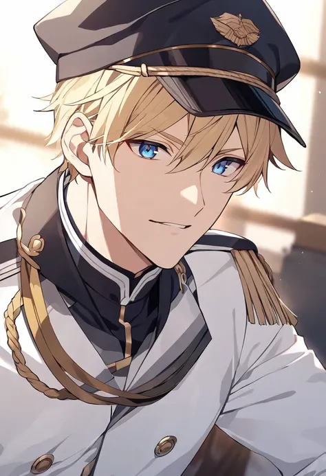 male, adult male, blond, blue eyes, short hair, cap on head, military uniform