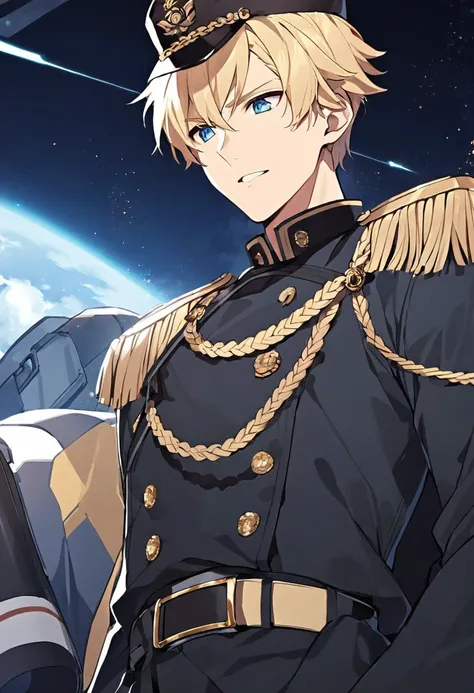 male, adult male, blond, blue eyes, short hair, cap on head, military uniform