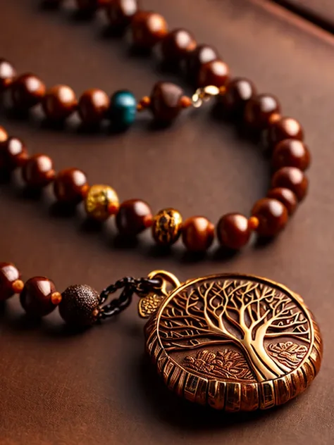 a prayer beads cord of brown beads with metalic medal carved with a tree, on a table, over a book, focus in the medal