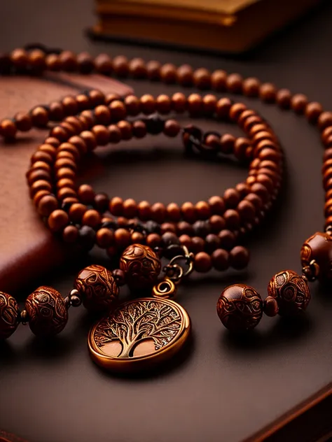 a prayer beads cord of brown beads with metalic medal carved with a tree, on a table, over a book, focus in the medal