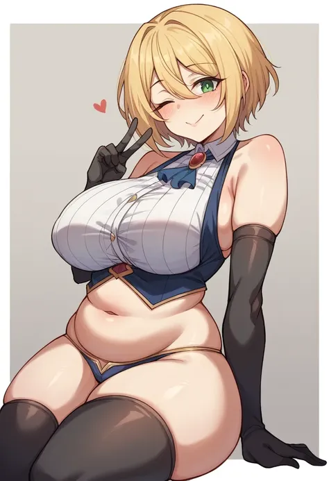 （One girl）、(short hair)、(sidelock)、((Blonde))、Princess Connect、((boyish))、huge breasts、Chubby、(beautiful girl)、[Big thighs]、Green Eyes、(Healer)、Black Vest、black leggings、White sleeveless、[hairs between eyes]、(long gloves)、closed mouth、wink、arm behind back