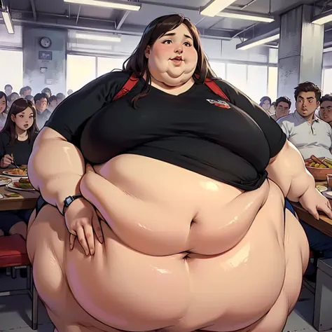 (masterpiece, best quality, highres, detailed, realistic:1.2), korean woman, young, teenager, USSBBW, (morbidly obese, fatblob:1.5), (gigantic belly:1.3), (detailed face, beautiful face), high aesthetic, eating junk food, panties, surrounded by concerned f...