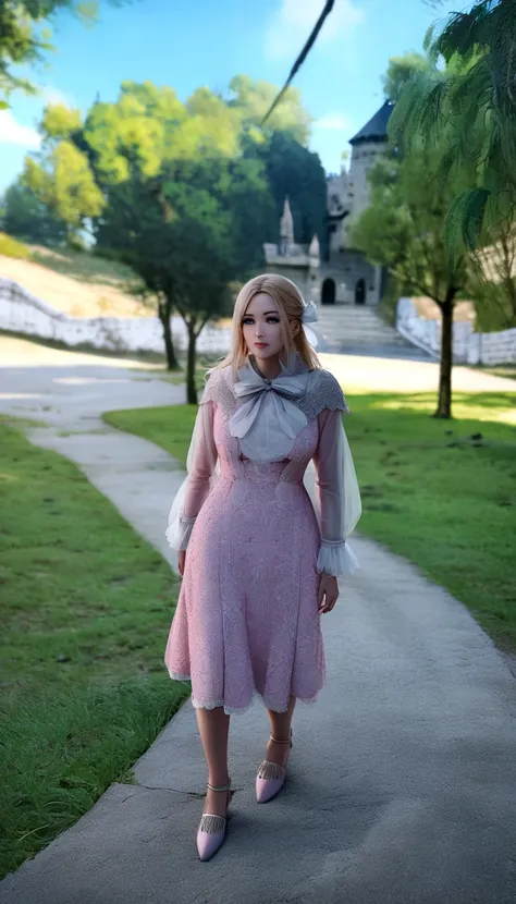 Master professional photography, Beautiful woman in pink dress,blondie hair, black eyes too, looking straight ahead,  extreme textures and details, full body portrait shot, background of a forest with castle, 