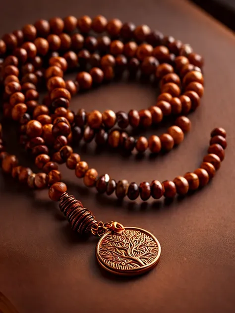 a prayer beads cord of brown beads with metalic medal carved with a tree, on a table, over a book, focus in the medal