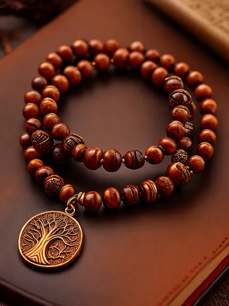 a prayer beads cord of brown beads with metalic medal carved with a tree, on a table, over a book, focus in the medal