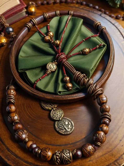 a prayer beads cord of brown beads with metalic medal carved with a tree, on a table, over a book, focus in the medal