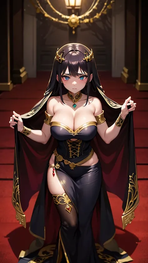 Erotica full body photo of: Perfect eyes, the dark lord princess, thick body with tiny sagging breast, wearing green corset kabaya dress with detailed intricate gold motifs, swinging spells with rising hands, cleavage, showing off luxurious jewelry all ove...