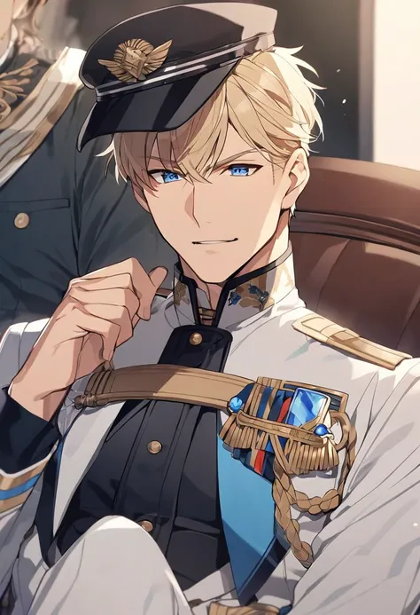 male, adult male, mature, blond, blue eyes, short hair, cap on head, military uniform