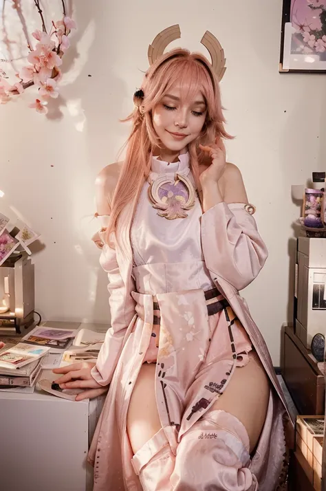 An anime-style girl sits at her desk, bathed in the warm, golden glow of a setting sun. Her room is a cozy, colorful sanctuary filled with potted plants, fairy lights, and posters of her favorite bands. She wears oversized headphones, lost in the dreamy be...