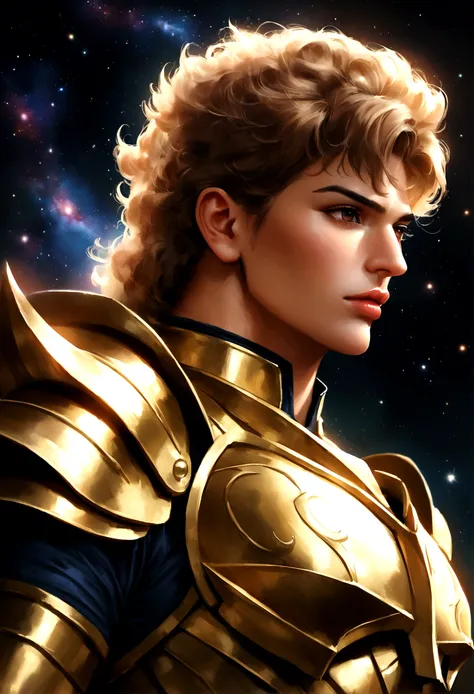 Saint Seiya,Gold Armor,movie light,ralistic,highly detailed,bright, universe, nebula, detailed, hyper realistic, clean background trending, bright background, high on details,8k --niji 5 --style expressive --s 400