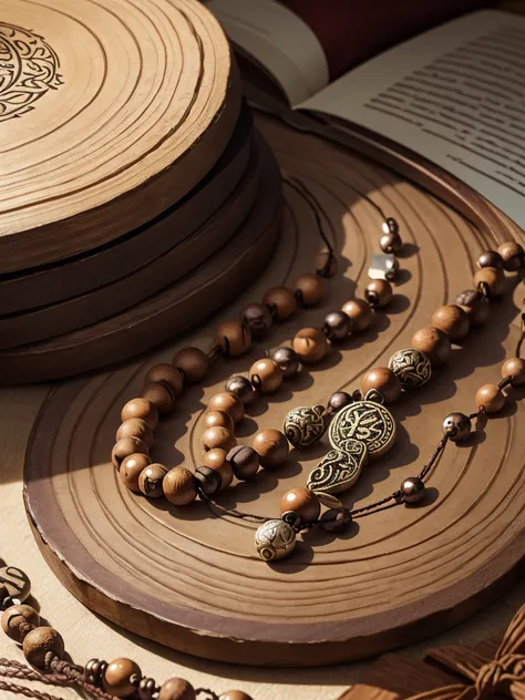 a prayer beads cord of brown beads with metalic medal carved with a tree, on a table, over a book, focus in the medal