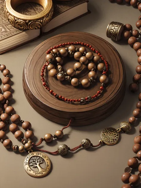 a prayer beads cord of brown beads with metalic medal carved with a tree, on a table, over a book, focus in the medal