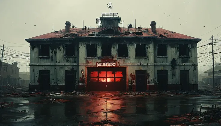 Create an abandoned fire station in an apocalyptic world surrounded by sinister zombies trying to invade