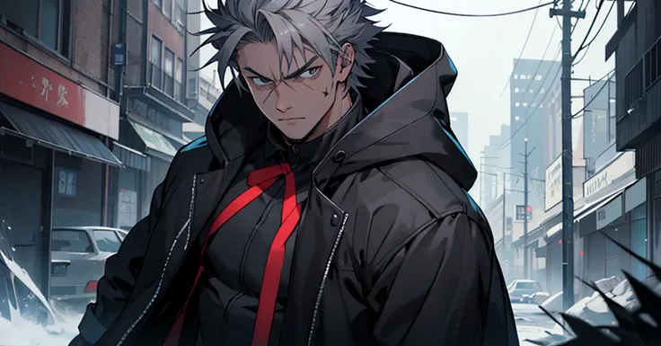 1 man, Looking at the viewer, One, black technoester coat, hood, Dark Night City, short gray shaggy hair, cruel, Detail stamp, with buckle and ribbon, Carrying a weapon on your back, serious expression, vampire Hunter