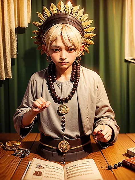 a prayer beads cord of brown beads with metalic medal carved with a tree, on a table, over a open book, focus in the medal