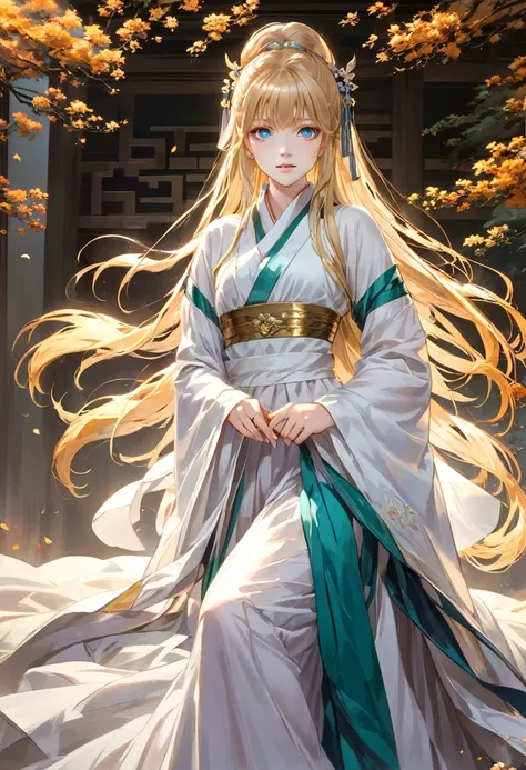 ((Highest quality)), ((masterpiece)), (detailed), ((Perfect Face)), One Girl,Anime girl with long blonde hair and dark turquoise eyes in a white dress, Trending on cgstation, artwork in the style of Gwaiz, Gwaiz, Smooth anime CG art, detailedなデジタルアニメアート, A...