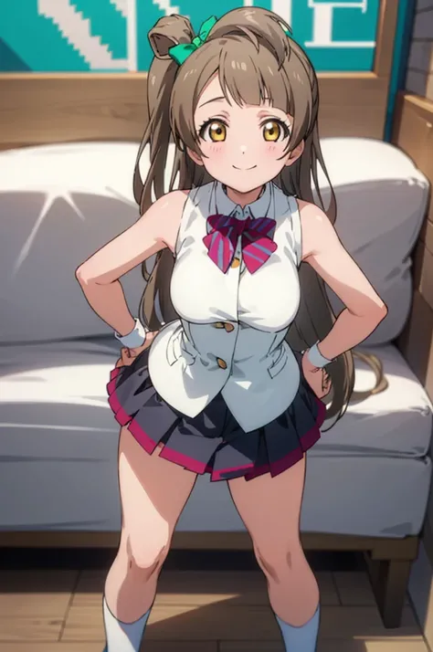 (((pixel-perfect, detail-perfect))), solo, 1girl, kotori minami, , looking at viewer, smile,big breasts,nsfw,miniskirt,socks,sleeveless