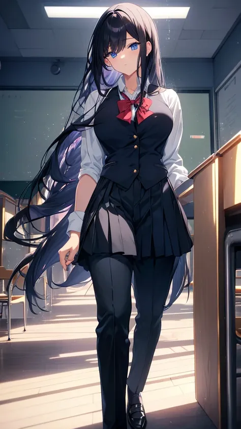 best quality, extremely detailed, anime style adult 1girl, long hair down to the waist, straight hair, ((dark black hair with bluish)),under bun,beautiful detailed eyes, pinched eyes, dark blue eyes, huge breasts,curvy,((((boys school uniform)))),blazer,((...