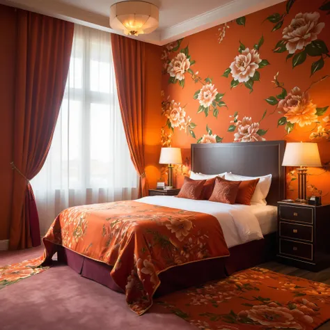 Create a realistic style image with a luxurious hotel room with orange walls. The room is elegantly decorated, highlighting a bed with a sophisticated Orange floral pattern on the bedding. The focus is on the rich red textures of the materials, capturing t...