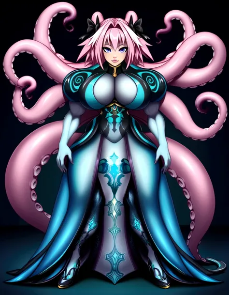 Astolfo, gigantic muscular body, long octopus strands, kimono, 4 arms, full body.