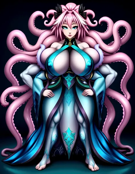 Astolfo, gigantic muscular body, long octopus strands, kimono, 4 arms, full body.